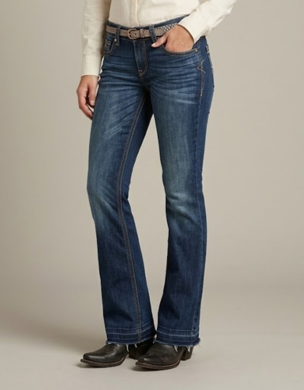 Ariat REAL Womens Bootcut Jeans 32L Cut Raw Hem Dark Wash Stretch Western Riding
